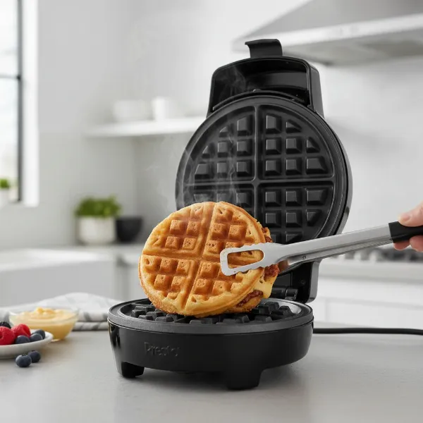 Presto Stuffler stuffed waffle maker showcasing its 180-degree flip, non-stick plates, and built-in tongs.