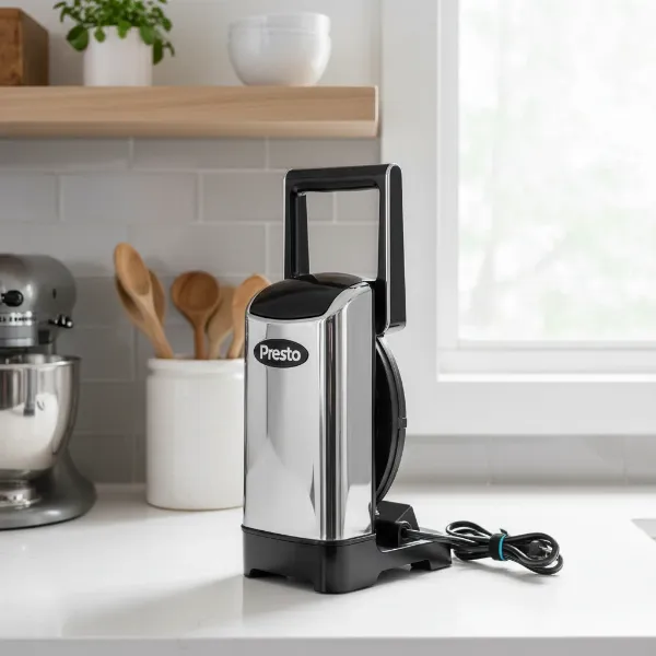 Presto FlipSide waffle maker stored in its upright vertical position to save counter space.