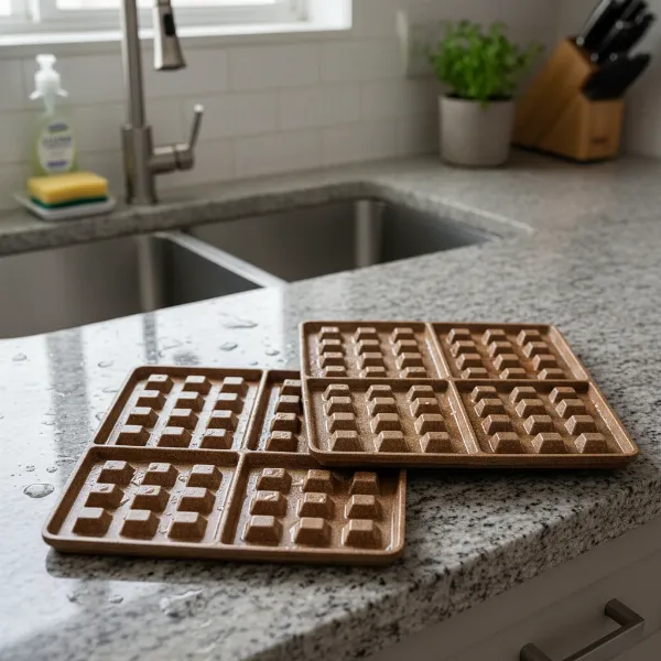 Detached nonstick waffle plates from Hamilton Beach waffle maker, ready for easy cleaning.
