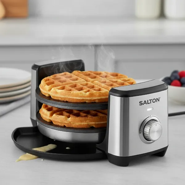 Salton rotary Belgian waffle maker with indicator lights and browning control, producing two golden waffles.