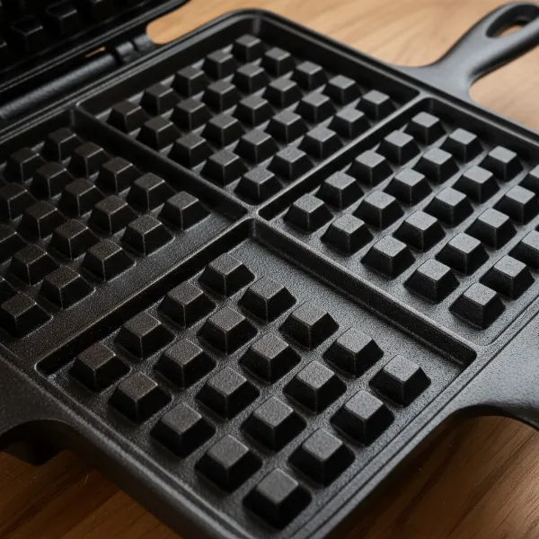 Close-up of a perfectly seasoned cast iron waffle maker grid, ready for cooking.