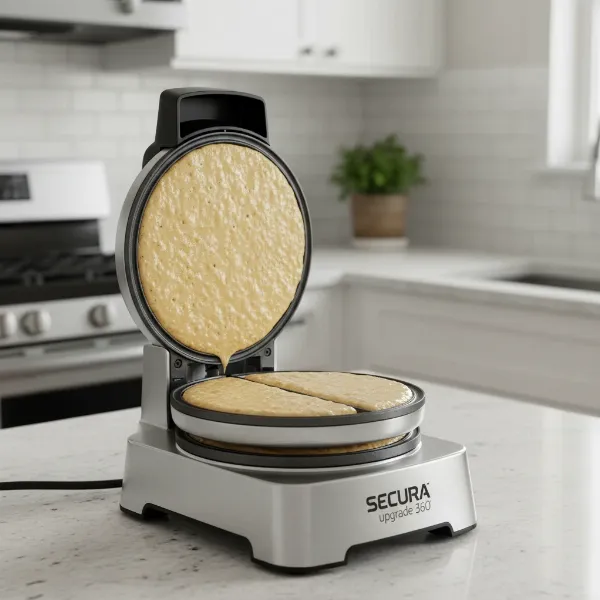 A Secura 360 rotating waffle maker in action, showing its 360-degree rotation feature.