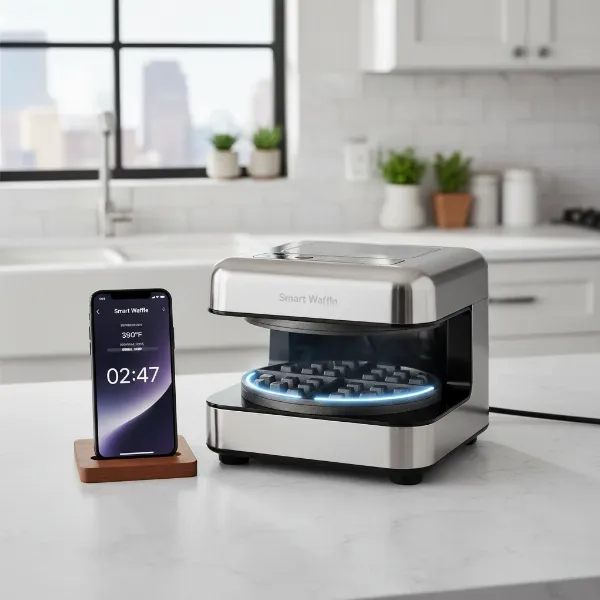 Smart waffle maker connected to a smartphone app, showing cooking settings and progress.
