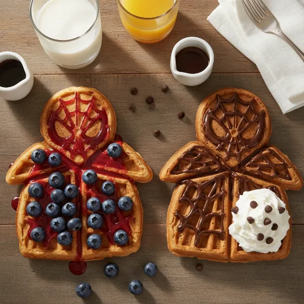 Delicious Spider-Man waffles with creative toppings like berries, whipped cream, and chocolate webs.