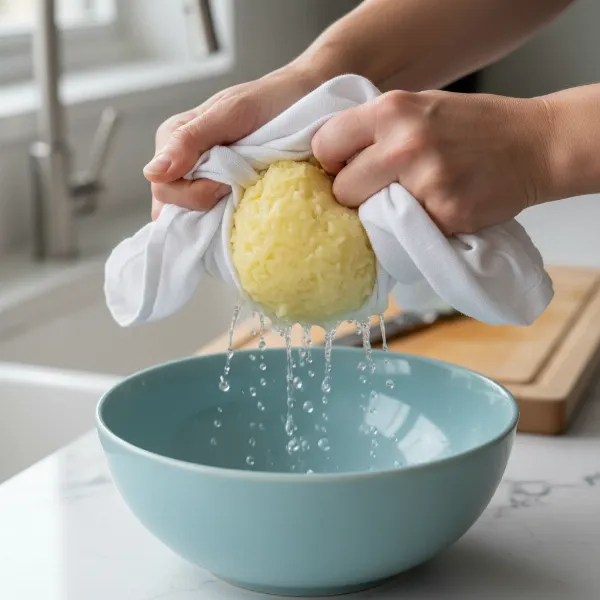 Hands squeezing excess water from shredded potatoes wrapped in a clean kitchen towel.