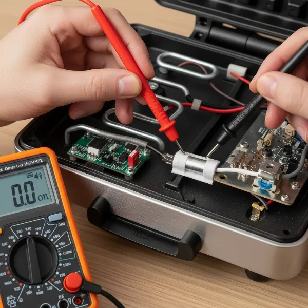 Person using a multimeter to test the continuity of a thermal fuse inside a disassembled waffle maker.