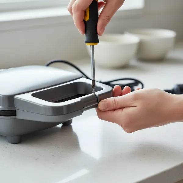 Hand using a screwdriver to tighten a loose screw on a waffle iron handle for repair.