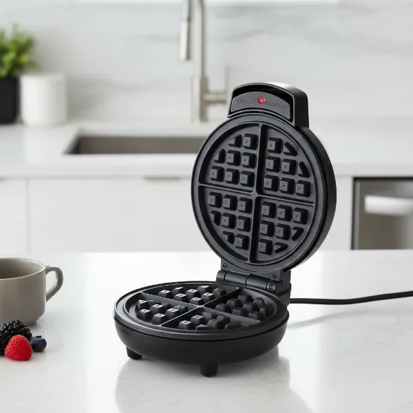 A compact Toastmaster mini waffle maker with a single 4-inch round cooking plate, red power light.
