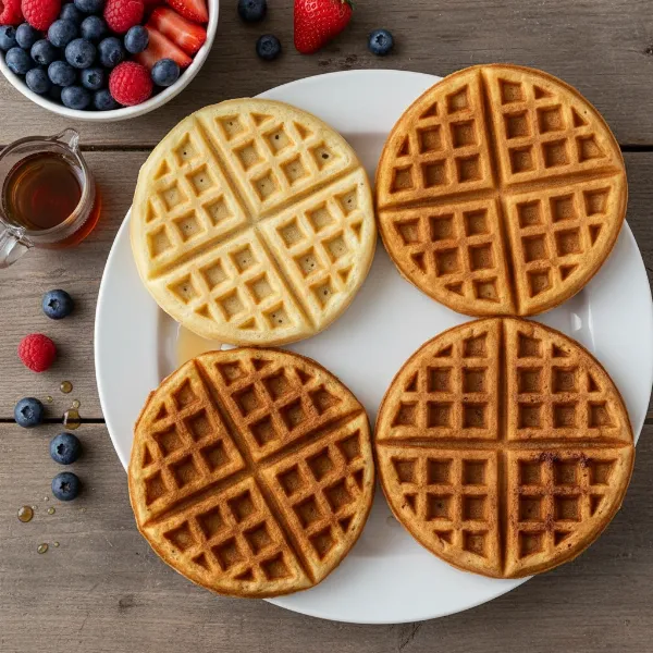 A plate showcasing various waffles with different browning levels, from light to dark, demonstrating customizability.