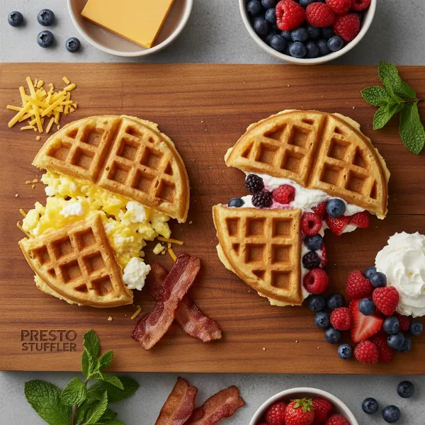 A collection of diverse stuffed waffles, showcasing both sweet and savory fillings like eggs, cheese, berries, and pizza.