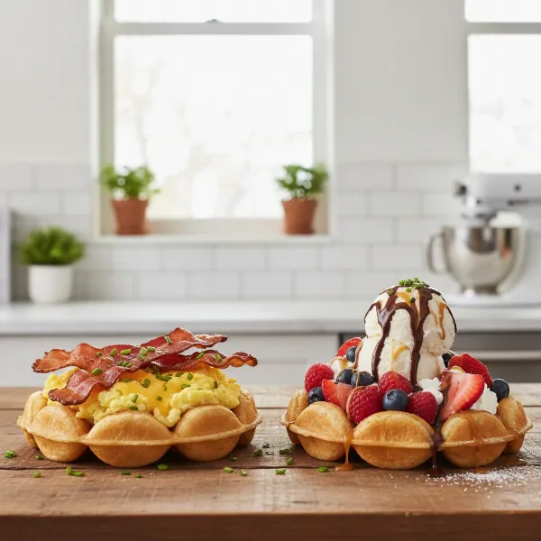 Two waffle bowls, one filled with savory breakfast items and the other with sweet dessert toppings.