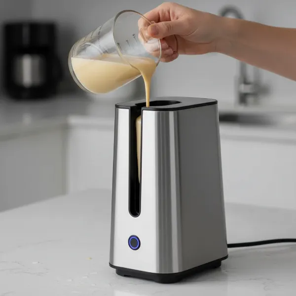 Hand pouring waffle batter into the top spout of a vertical waffle maker, showing mess-free design.