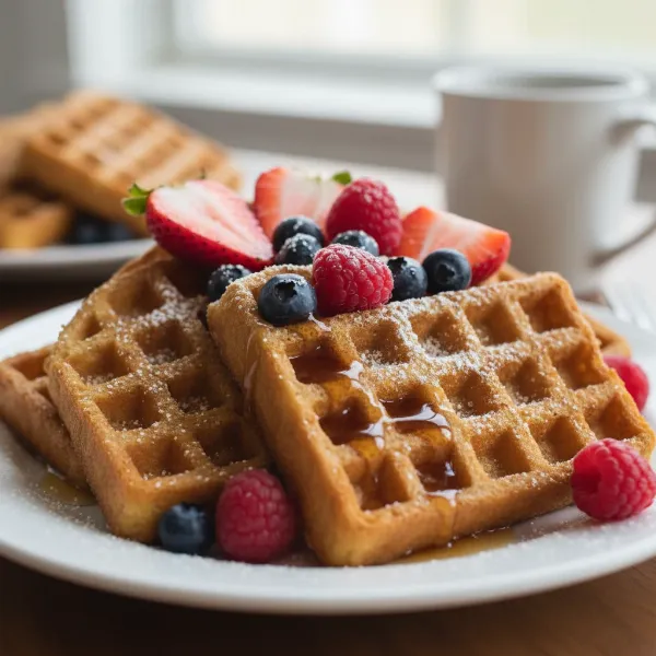 crispy golden waffle iron french toast with syrup and berries on a plate