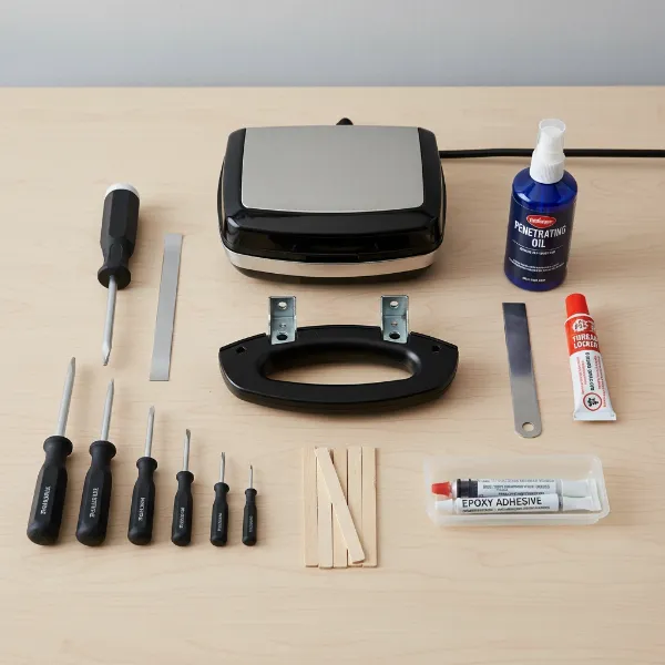 Assortment of tools for repairing a waffle iron handle, including screwdrivers, prying tool, and epoxy.