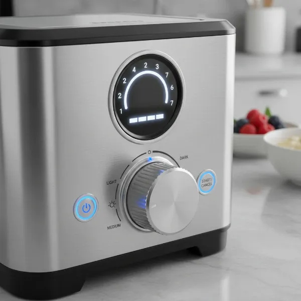 A modern waffle maker displaying its adjustable browning control dial or digital interface with various settings.