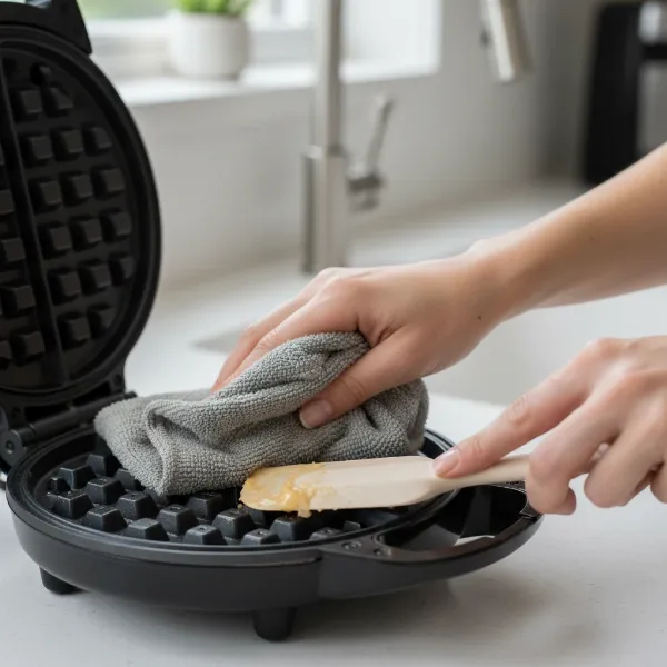 Person gently cleaning a waffle maker with a soft cloth and silicone spatula.