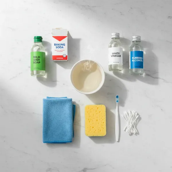 Assortment of cleaning supplies including dish soap, baking soda, vinegar, and cloths for waffle maker maintenance.