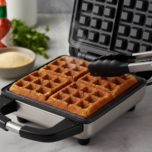 A waffle maker producing a perfectly crispy, golden-brown savory cornbread waffle.