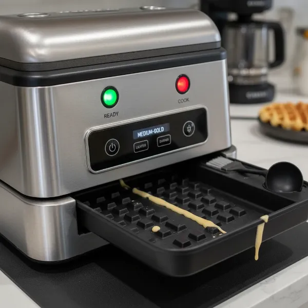 Close-up of a double waffle maker's control panel and drip tray for easy operation.