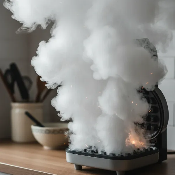 Hot steam escaping from a waffle maker, illustrating the potential for severe scald burns and the importance of prevention.