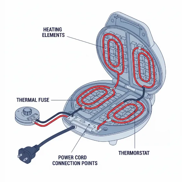 Diagram illustrating internal components of a waffle maker, including heating element, thermostat, and thermal fuse.