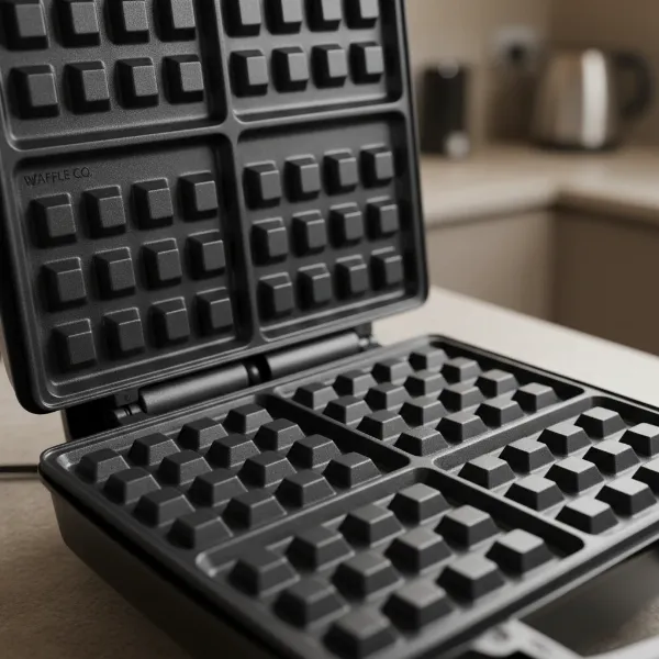 Close-up of modern waffle maker non-stick plates, highlighting their delicate surface and design.