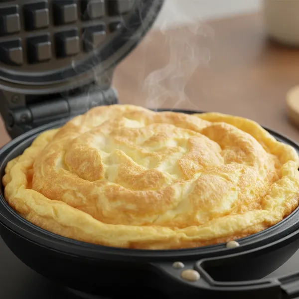 Close-up of eggs cooking in a waffle maker, showing the fluffy texture and steam.