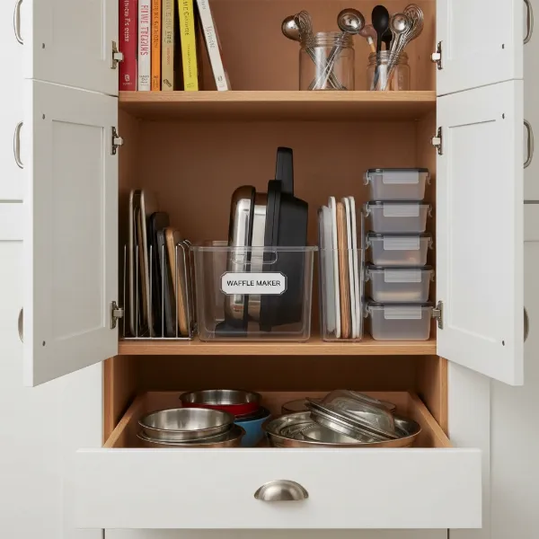 A waffle maker neatly stored in a clear bin inside an organized kitchen cabinet.