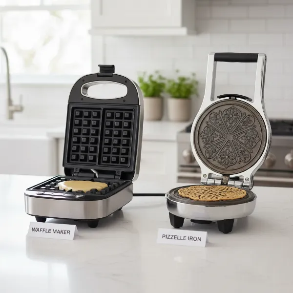 Side-by-side view of a modern electric waffle maker and a classic electric pizzelle iron.