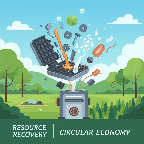 Illustration showing a broken waffle maker being recycled, symbolizing environmental benefits.
