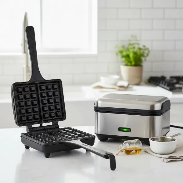 Two types of waffle makers, cast iron and electric, prepared for seasoning.