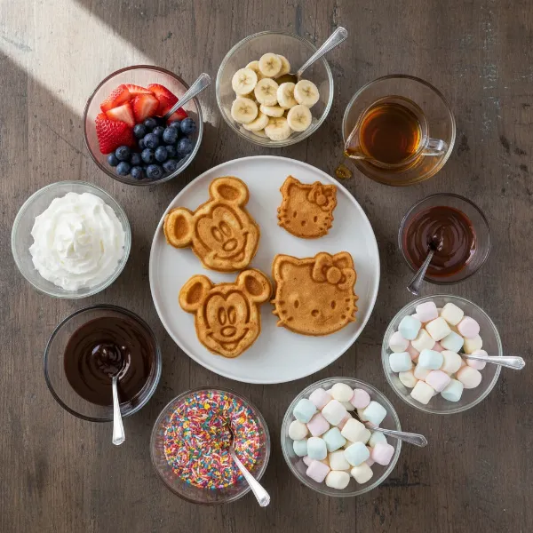 A colorful waffle topping bar with fresh fruits, syrups, and whipped cream for custom character waffles
