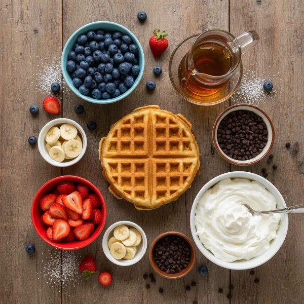 Assortment of waffle toppings including fresh fruits, chocolate chips, and syrup for creative breakfast.