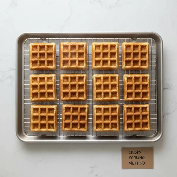 Freshly cooked waffles cooling on a metal wire rack to prevent sogginess.