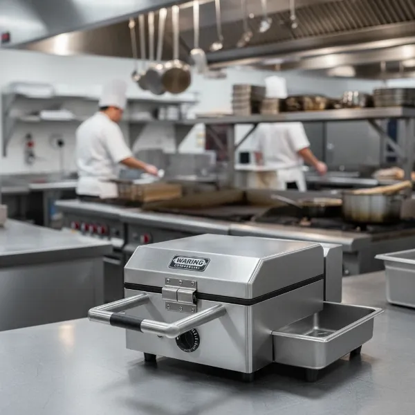 Heavy-duty Waring Commercial Single Waffle Maker WW180X for professional kitchen use, robust stainless steel design.