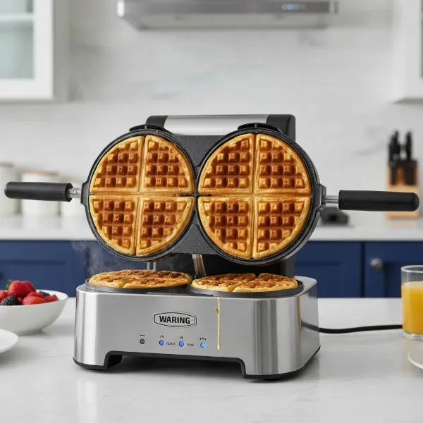 Waring Pro Double Belgian Waffle Maker rotating, cooking two golden-brown waffles simultaneously for even results.