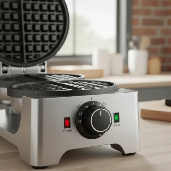 Close-up of Waring Pro Double Belgian Waffle Maker showing stainless steel housing, control knob, and LED indicators.
